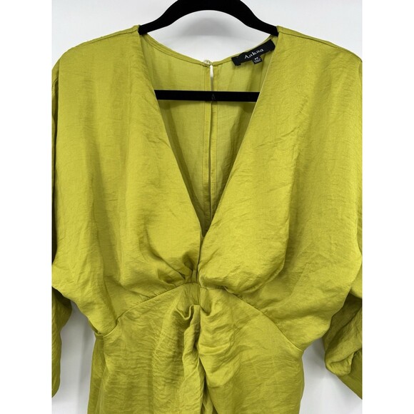 Aakaa Chartreuse Satin Draped Midi Dress Sz M Green V-Neck Ruched Cocktail Chic - Picture 3 of 13